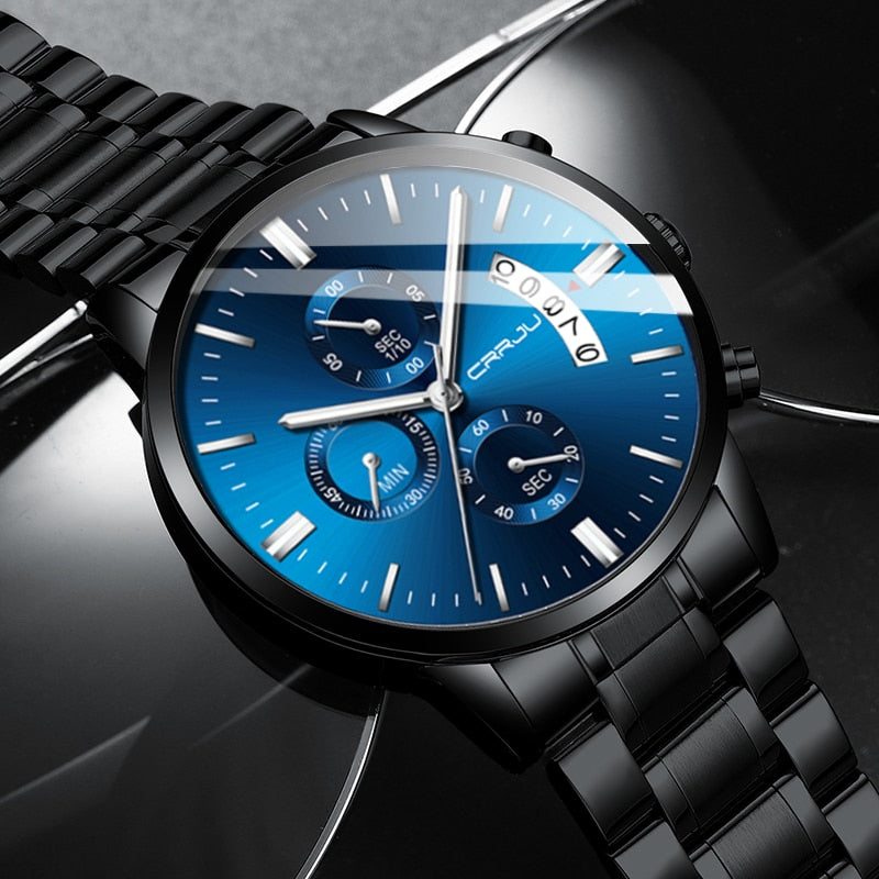 Top Brand CRRJU Men Watches Fashion Blue Stainless Steel Waterproof Sport Watch Men Quartz Clock Male Chronograph Reloj Hombre - Shopeasywear