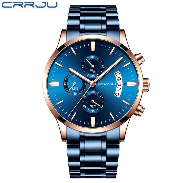 Top Brand CRRJU Men Watches Fashion Blue Stainless Steel Waterproof Sport Watch Men Quartz Clock Male Chronograph Reloj Hombre - Shopeasywear