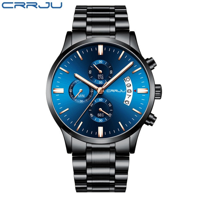 Top Brand CRRJU Men Watches Fashion Blue Stainless Steel Waterproof Sport Watch Men Quartz Clock Male Chronograph Reloj Hombre - Shopeasywear