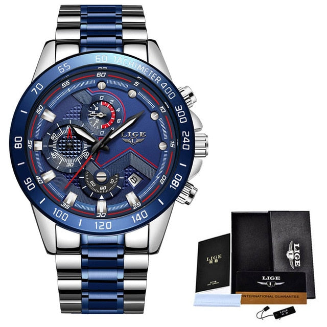 LIGE hommes montres haut de gamme en acier inoxydable de luxe bleu étanche montre à Quartz hommes mode chronographe mâle Sport montre militaire - Shopeasywear