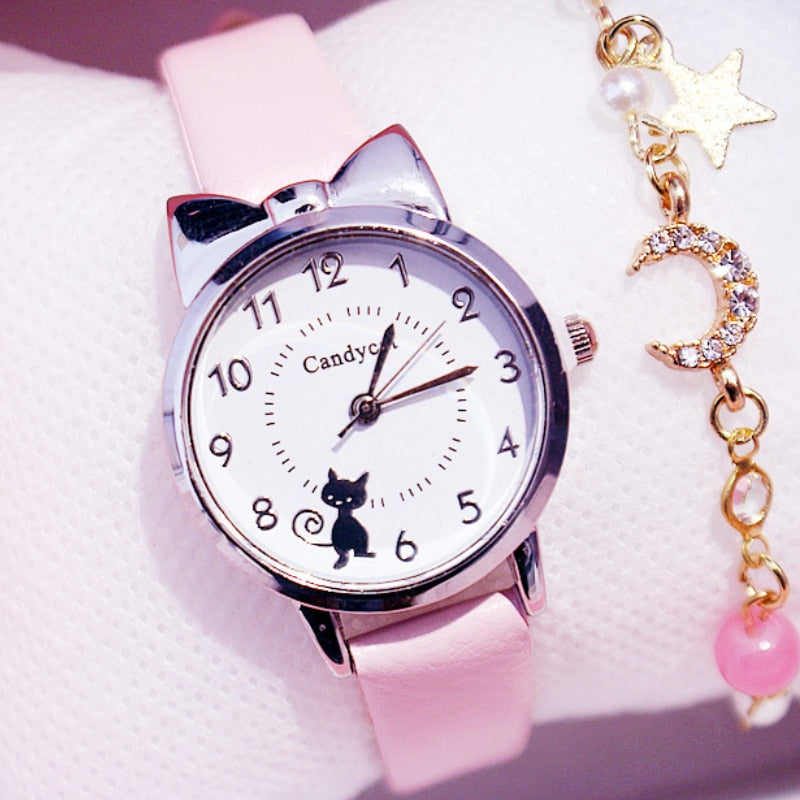 Kids Watches Students Children Pink Watch Girls sale Leather Child Hours Black Cat Quartz Wristwatch Girl Gift Clocks reloj часы - Shopeasywear
