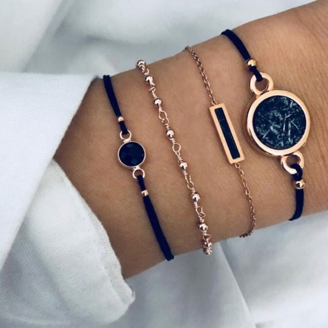 New Bohemian Black Rope Chain Bracelet Set For Women aircraft Shell Moon Heart crystal Charm Bangle Personalized Jewelry - Shopeasywear