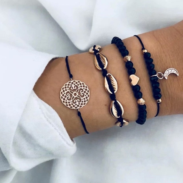 New Bohemian Black Rope Chain Bracelet Set For Women aircraft Shell Moon Heart crystal Charm Bangle Personalized Jewelry - Shopeasywear