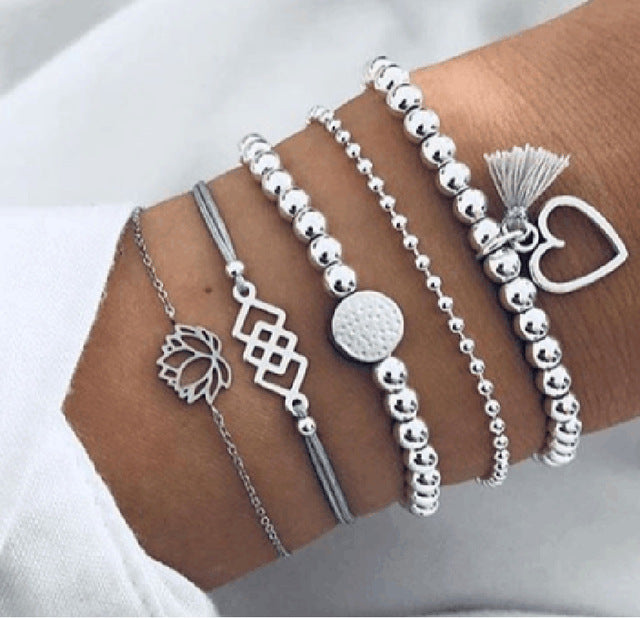 New Bohemian Black Rope Chain Bracelet Set For Women aircraft Shell Moon Heart crystal Charm Bangle Personalized Jewelry - Shopeasywear