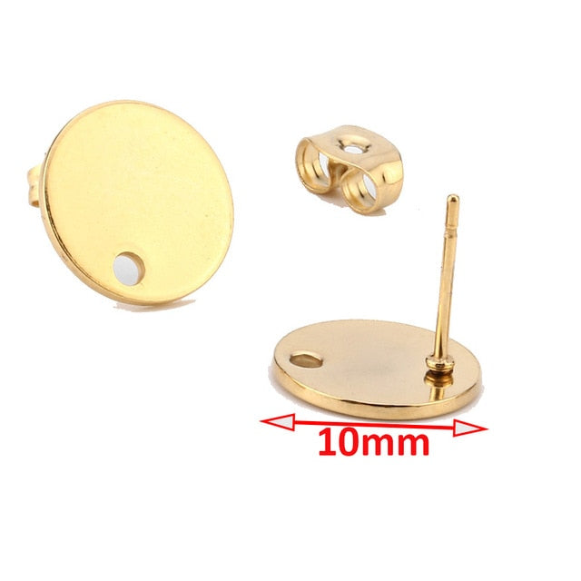 Gold Earstud 316L Stainless Steel Ear Post with 8mm/ 10mm/ 12mm Round Flat Pad Base Setting with Hole Hypo-Allergenic Posts - Shopeasywear