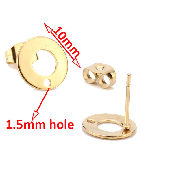 Gold Earstud 316L Stainless Steel Ear Post with 8mm/ 10mm/ 12mm Round Flat Pad Base Setting with Hole Hypo-Allergenic Posts - Shopeasywear