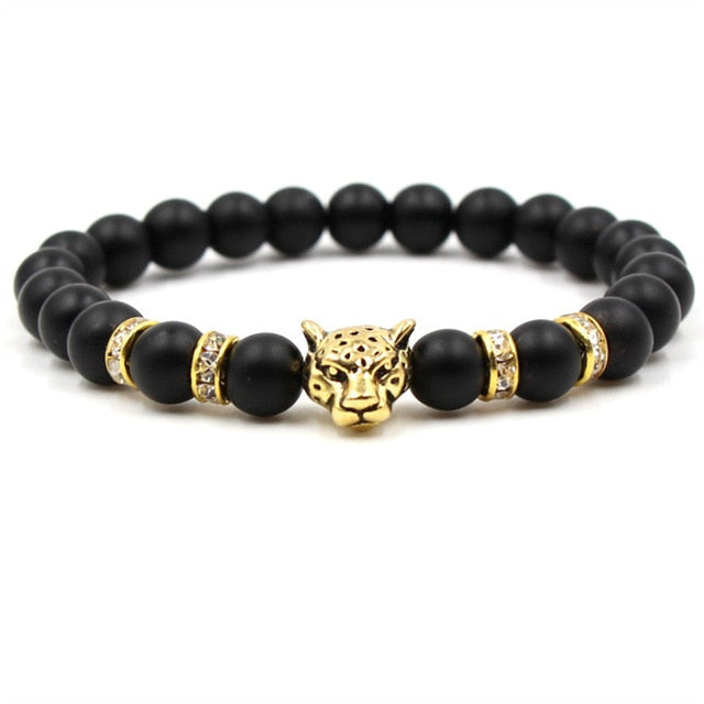 2019 fashion handmade natural stone matte black beaded bracelet charm men's leopard head bracelet personality men's jewelry - Shopeasywear