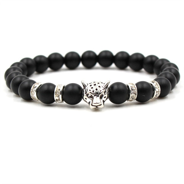 2019 fashion handmade natural stone matte black beaded bracelet charm men's leopard head bracelet personality men's jewelry - Shopeasywear
