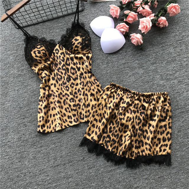 Leopard Print Silk Pajamas for Women