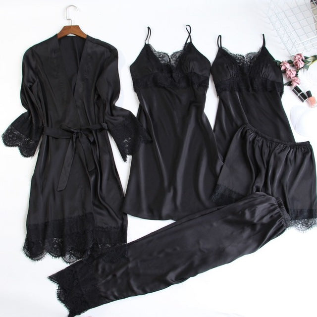 5 Pieces Sets Sexy Lace Female Satin Pajama