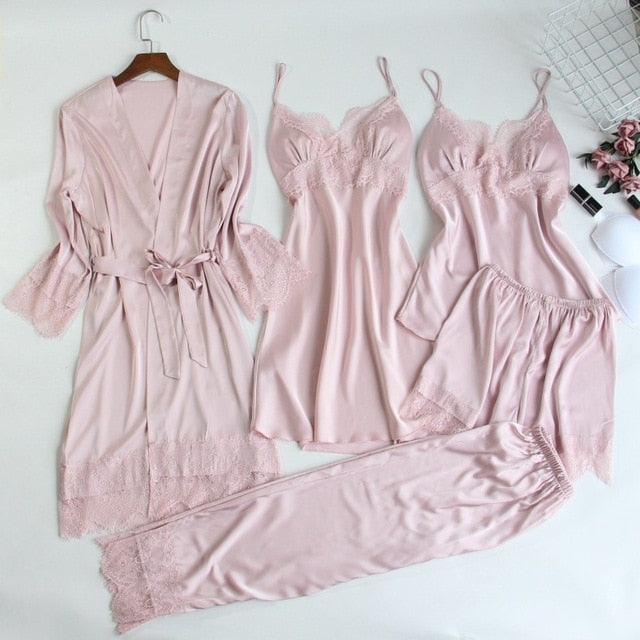 5 Pieces Sets Sexy Lace Female Satin Pajama
