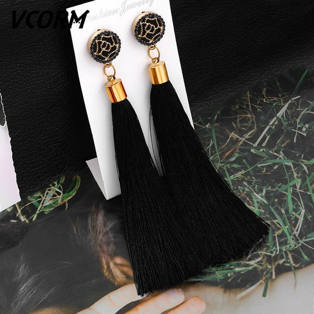 Tassel Crystal Long Drop Earrings for Women