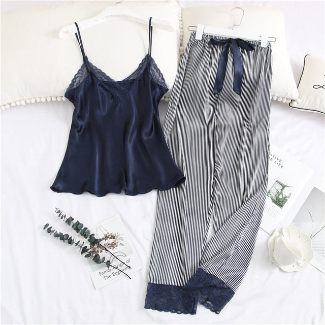 2 Piece Sexy Lace Satin Pajamas For Women