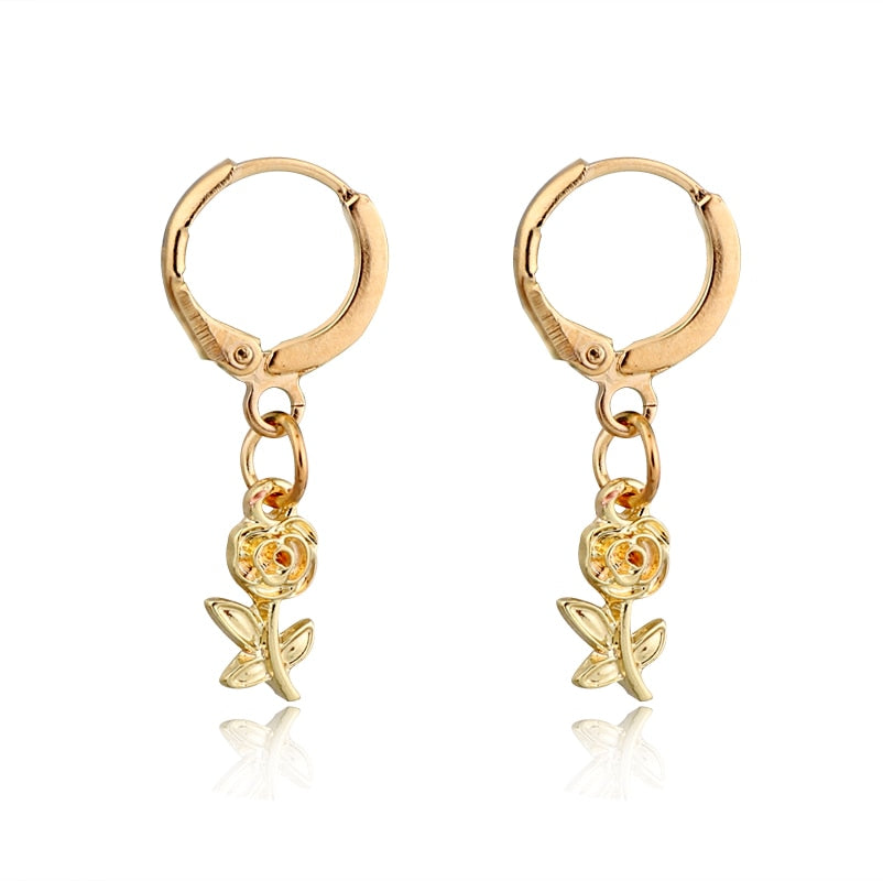 Dayoff Europe Gold Flowers Hoop Earrings Female Round Vintage Punk Earstud Women Jewelry Charms Small Plant Minimalist Ear E598 - Shopeasywear