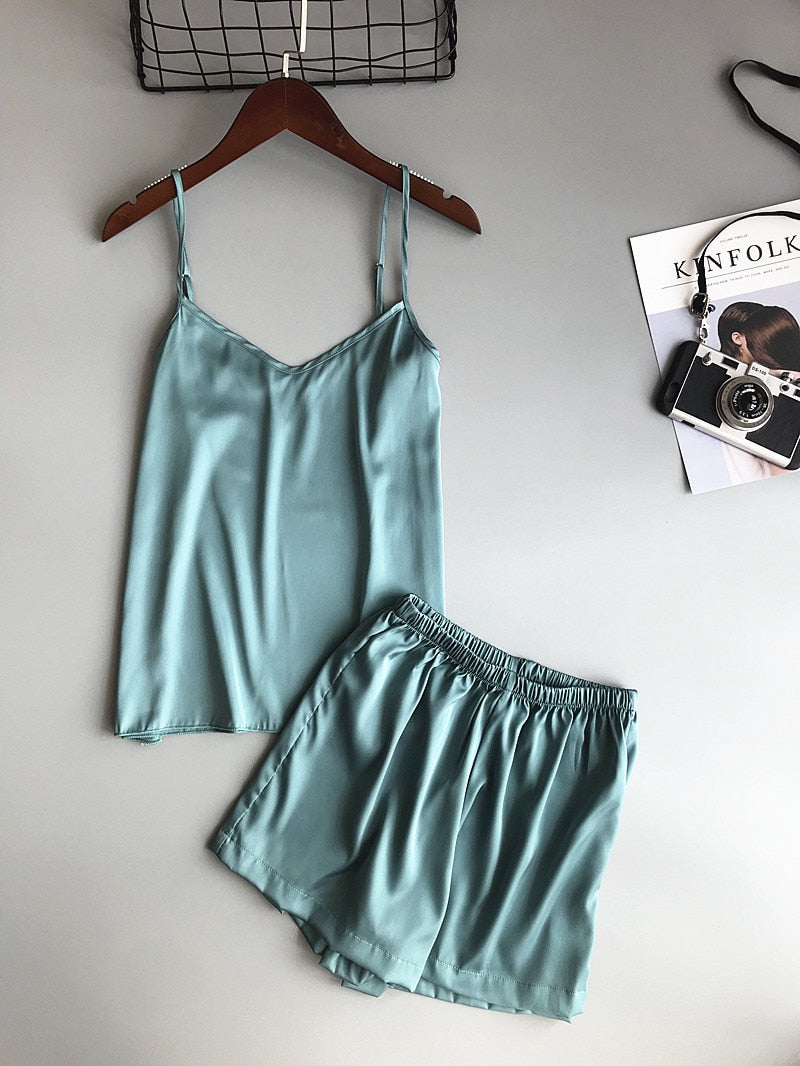 Ice Silk Twinset Korean Solid Color Women Pajamas