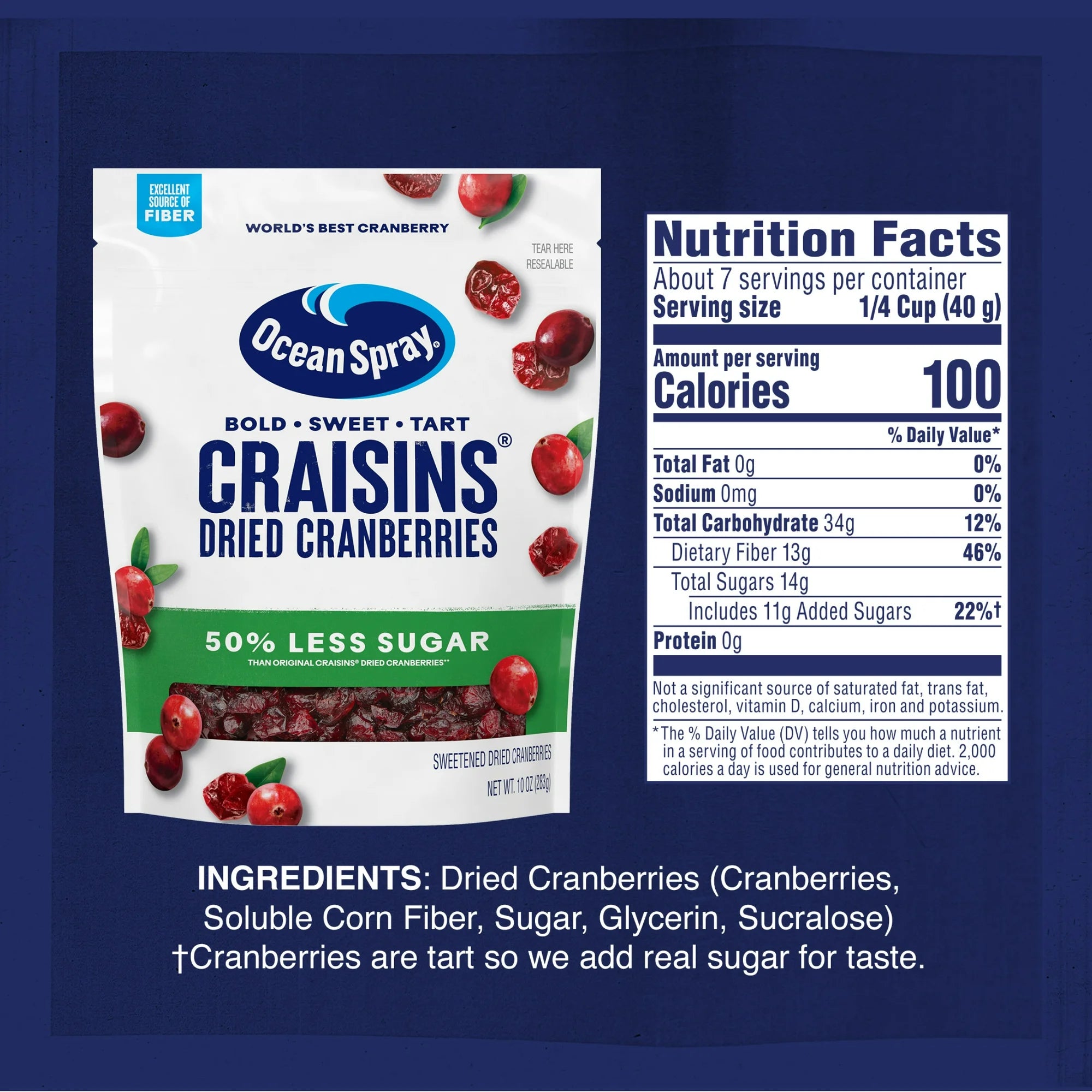 Ocean Spray® Craisins®, 50% Less Sugar Dried Cranberries, Dried Fruit, 10 oz Pouch