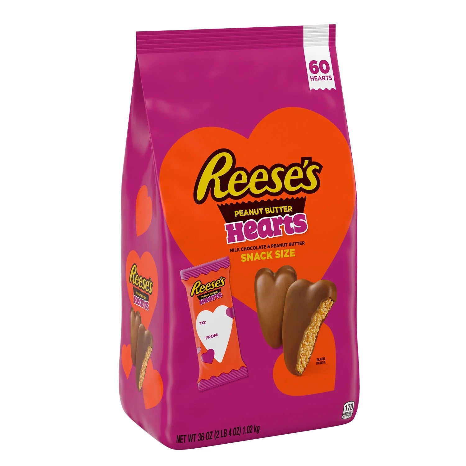 REESE'S Milk Chocolate Snack Size Peanut Butter Hearts, Valentine's Candy Bag, 36 oz (60 Pieces)