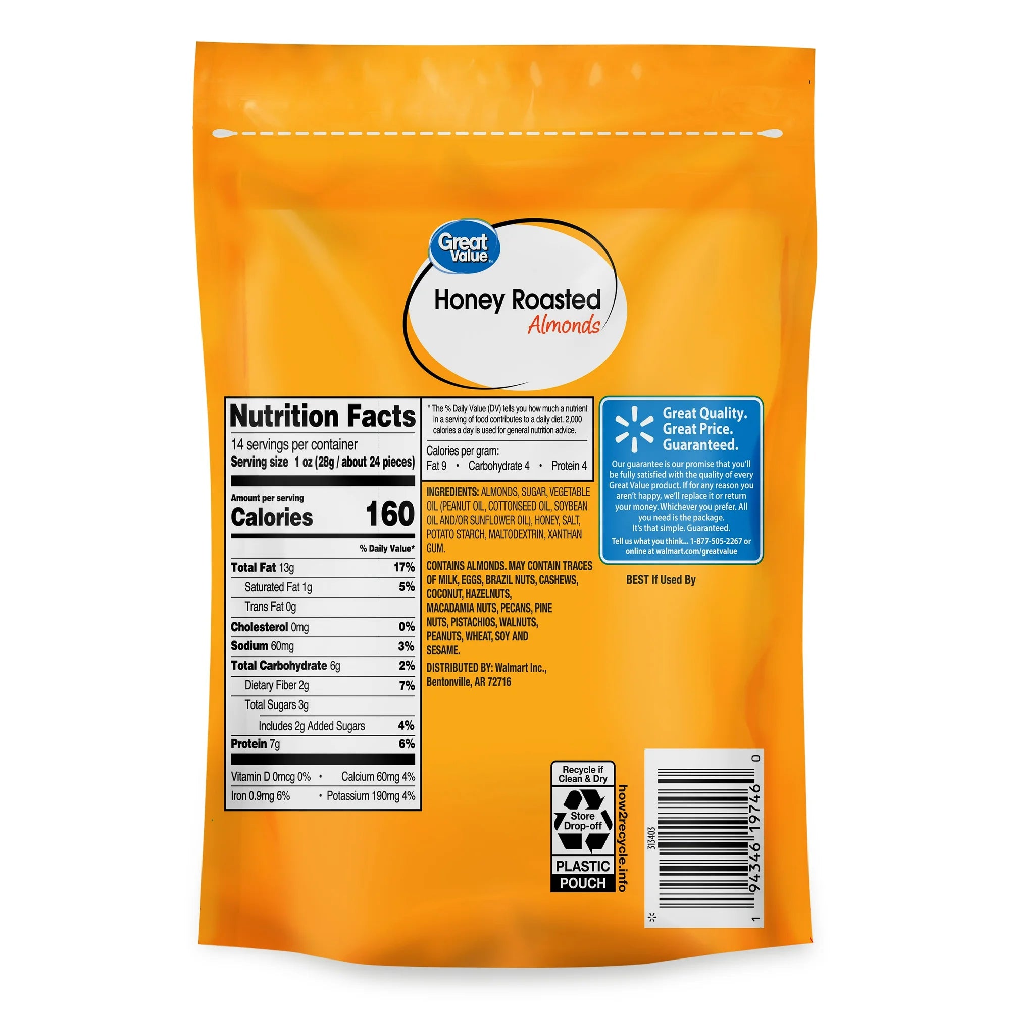 Great Value Honey Roasted Almonds, 14 oz