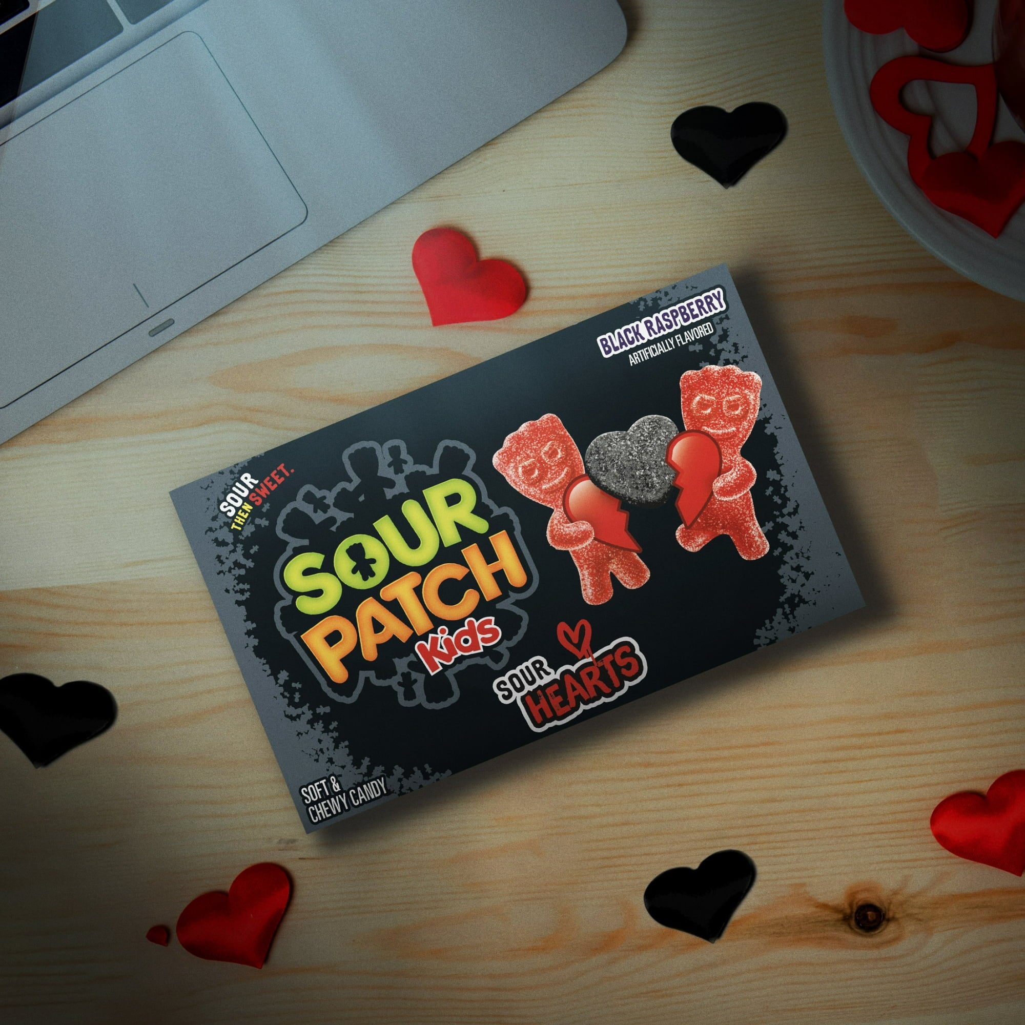 SOUR PATCH KIDS Sour Hearts Black Raspberry Soft & Chewy Candy, Valentines Candy, 3.08 oz