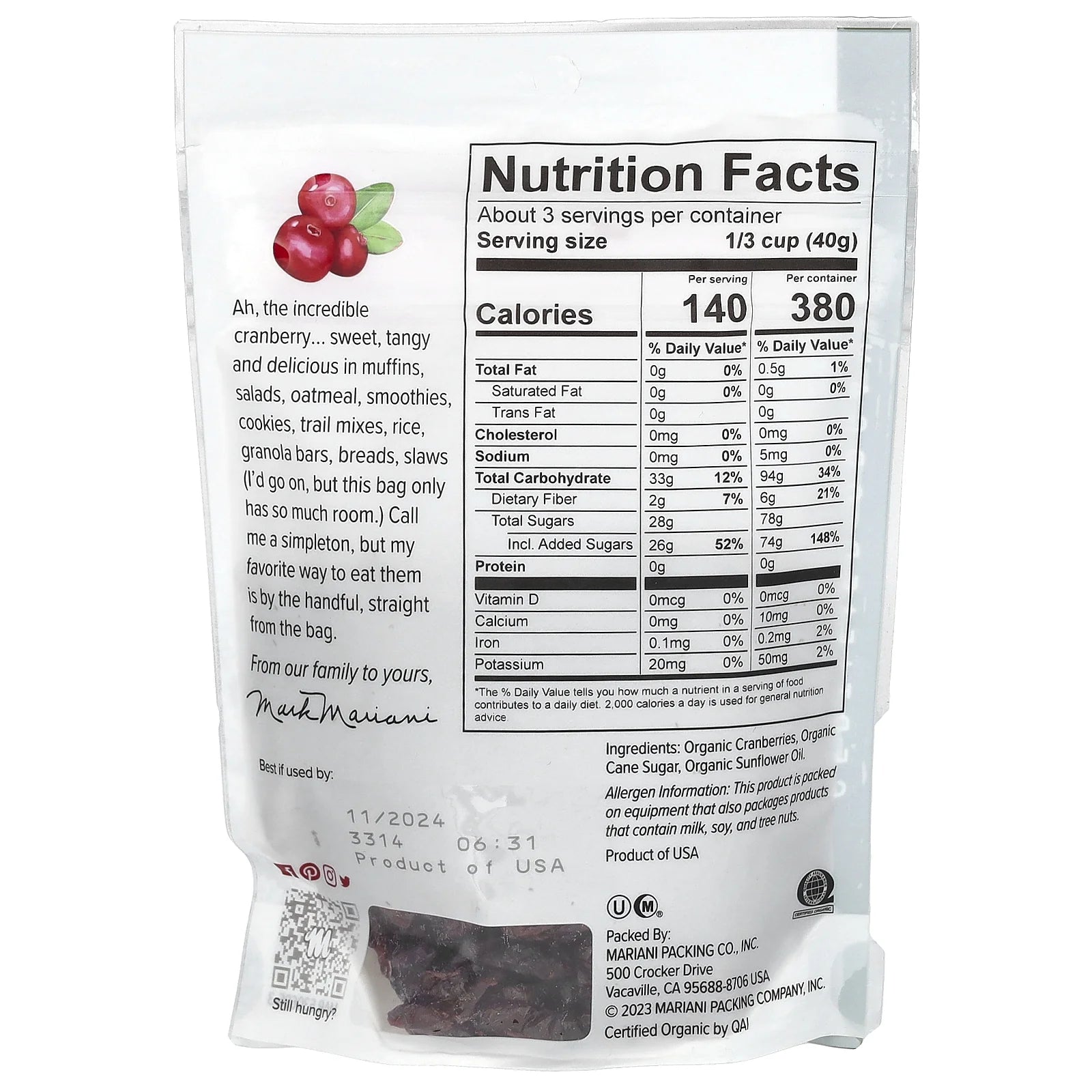 Mariani Dried Fruit Organic Dried Cranberries, 4 oz (113 g)