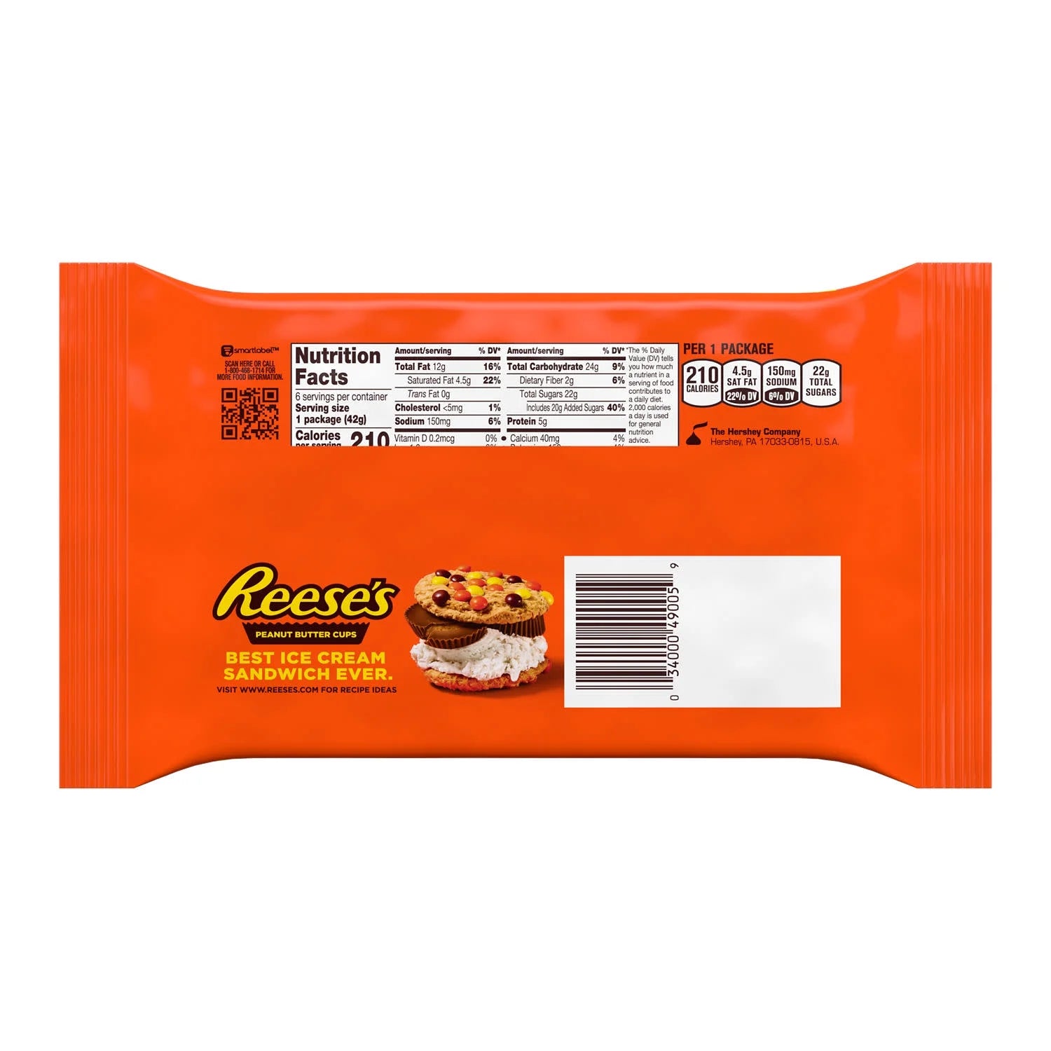 Reese's Milk Chocolate Peanut Butter Cups Candy, Packs 1.5 oz, 6 Count