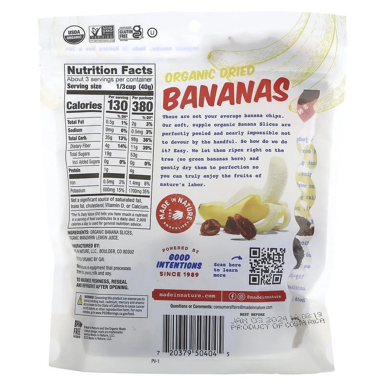 Made in Nature, Organic Dried Banana Slices, Soft & Chewy Supersnacks, 4 oz