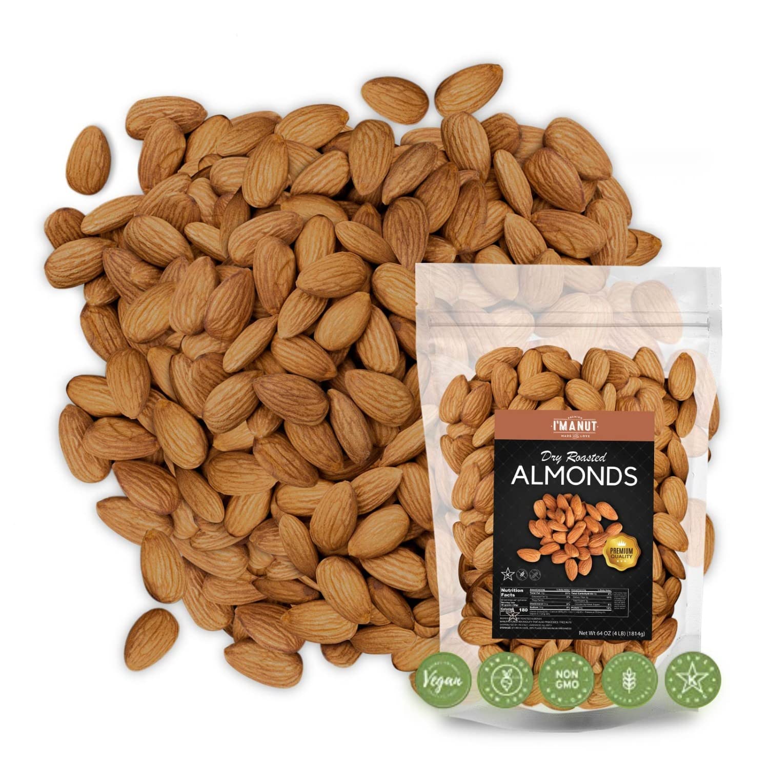 Dry Roasted Almonds Unsalted 64 oz (4 lbs) Batch Tested Gluten & Peanut Free No Oil  Whole No PPO  Non-GMO No Herbicide Healthy Protein