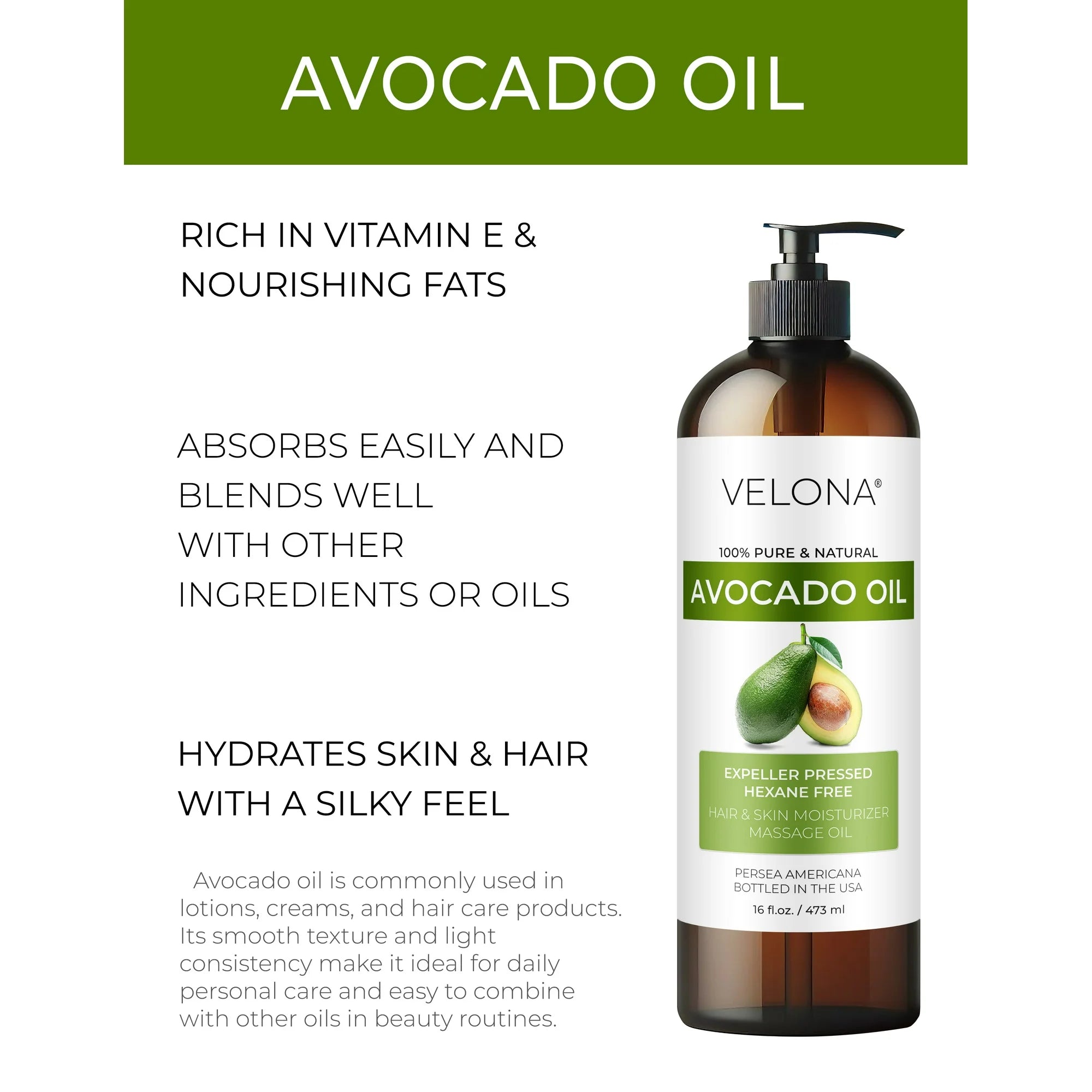 Velona Avocado Oil 8 Fl Oz | 100% Pure and Natural Carrier Oil | Expeller-Pressed | Hair, Body and Skin Care | Use Today - Enjoy Results