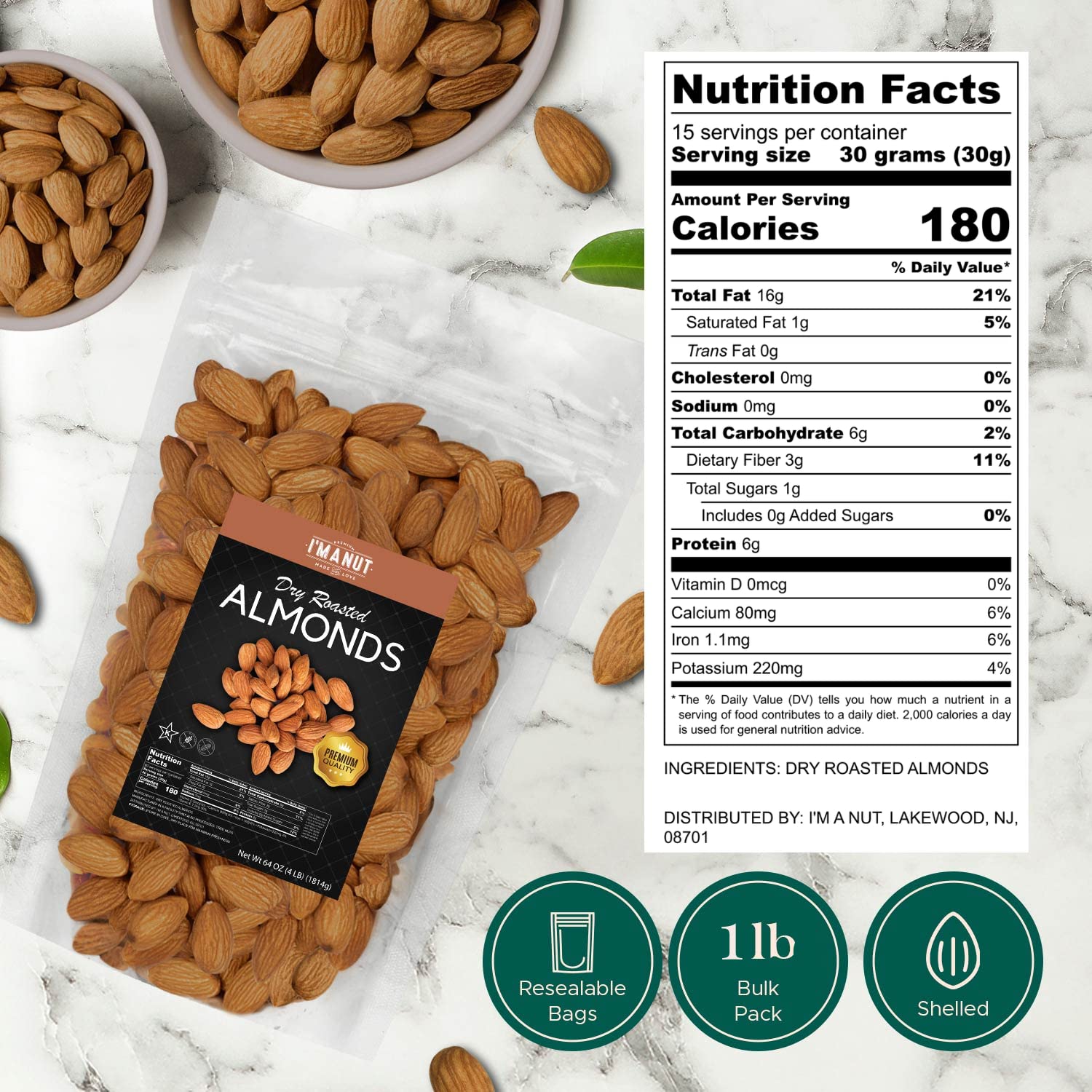 Dry Roasted Almonds Unsalted 64 oz (4 lbs) Batch Tested Gluten & Peanut Free No Oil  Whole No PPO  Non-GMO No Herbicide Healthy Protein
