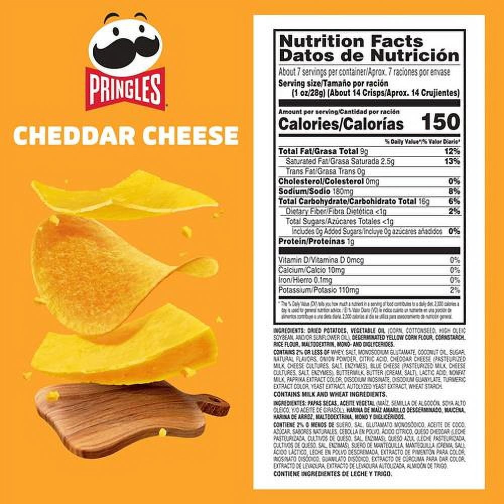 Pringles Potato Crisps Chips, Lunch Snacks, On-The-Go Snacks, Party Stack, Cheddar Cheese, 7.1Oz Can (1 Can) - Pack of 2
