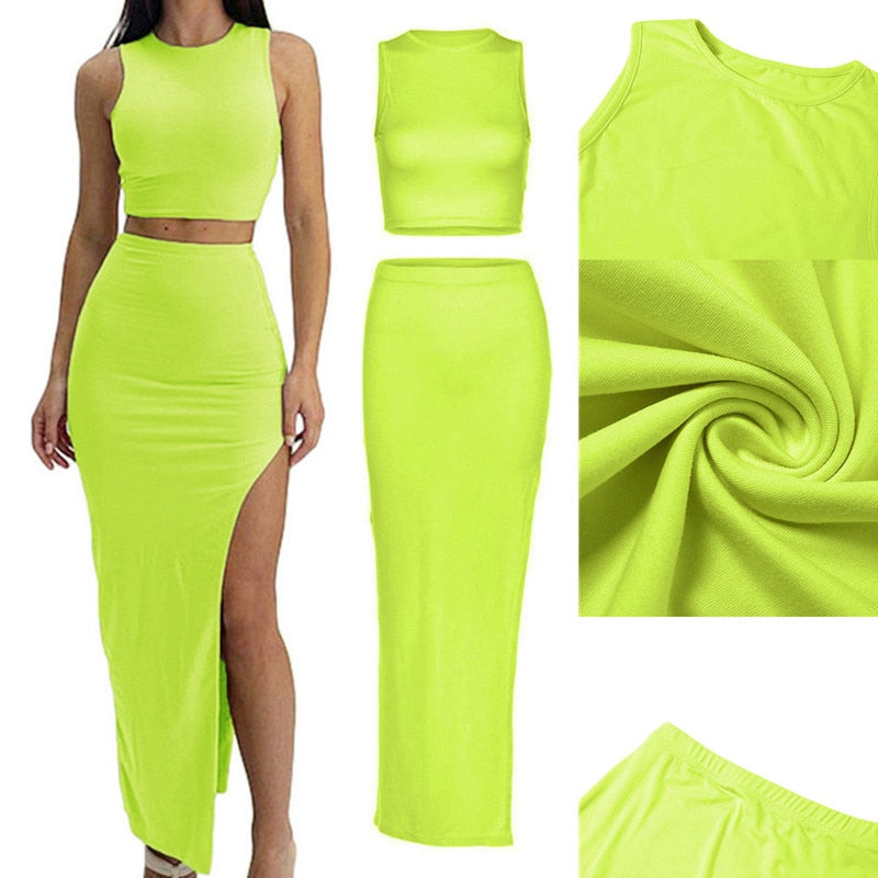 Two Piece Skirt Set Women's Suit y2k Clothes Summer 2023 Sexy Outfit Cropped Top and Split Skirt Chic Elegant Female Clothing