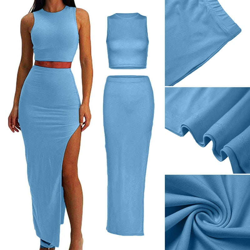 Two Piece Skirt Set Women's Suit y2k Clothes Summer 2023 Sexy Outfit Cropped Top and Split Skirt Chic Elegant Female Clothing