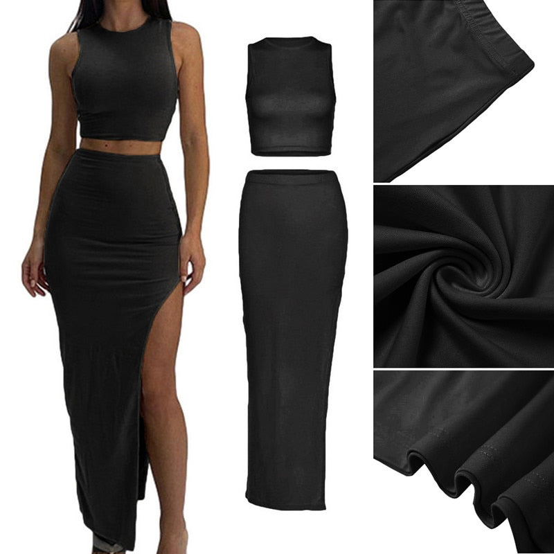 Two Piece Skirt Set Women's Suit y2k Clothes Summer 2023 Sexy Outfit Cropped Top and Split Skirt Chic Elegant Female Clothing
