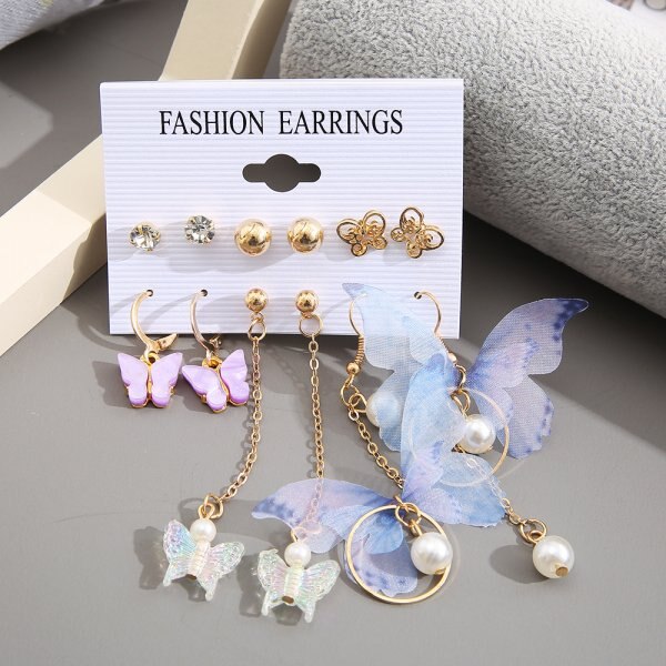New Korean Elegant Cute Butterfly Stud Earrings For Women Girls Simple Lovely Vintage Rhinestone Butterfly Wings Star Ear Studs