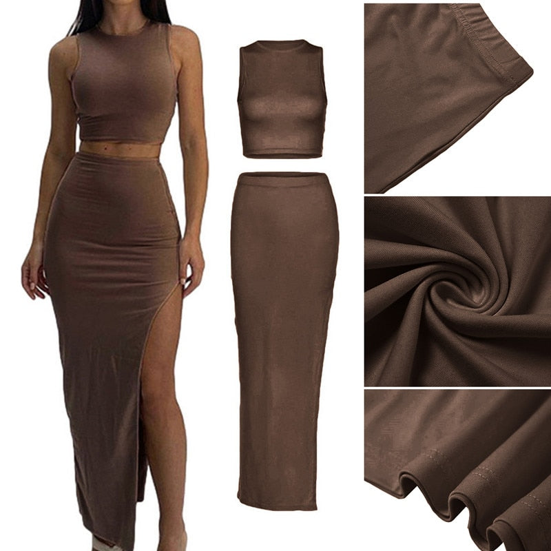 Two Piece Skirt Set Women's Suit y2k Clothes Summer 2023 Sexy Outfit Cropped Top and Split Skirt Chic Elegant Female Clothing