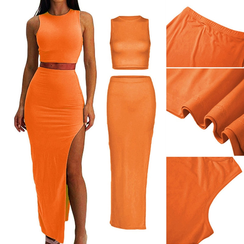 Two Piece Skirt Set Women's Suit y2k Clothes Summer 2023 Sexy Outfit Cropped Top and Split Skirt Chic Elegant Female Clothing