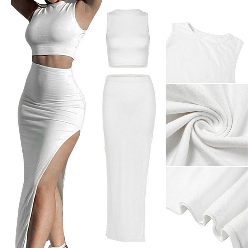 Two Piece Skirt Set Women's Suit y2k Clothes Summer 2023 Sexy Outfit Cropped Top and Split Skirt Chic Elegant Female Clothing