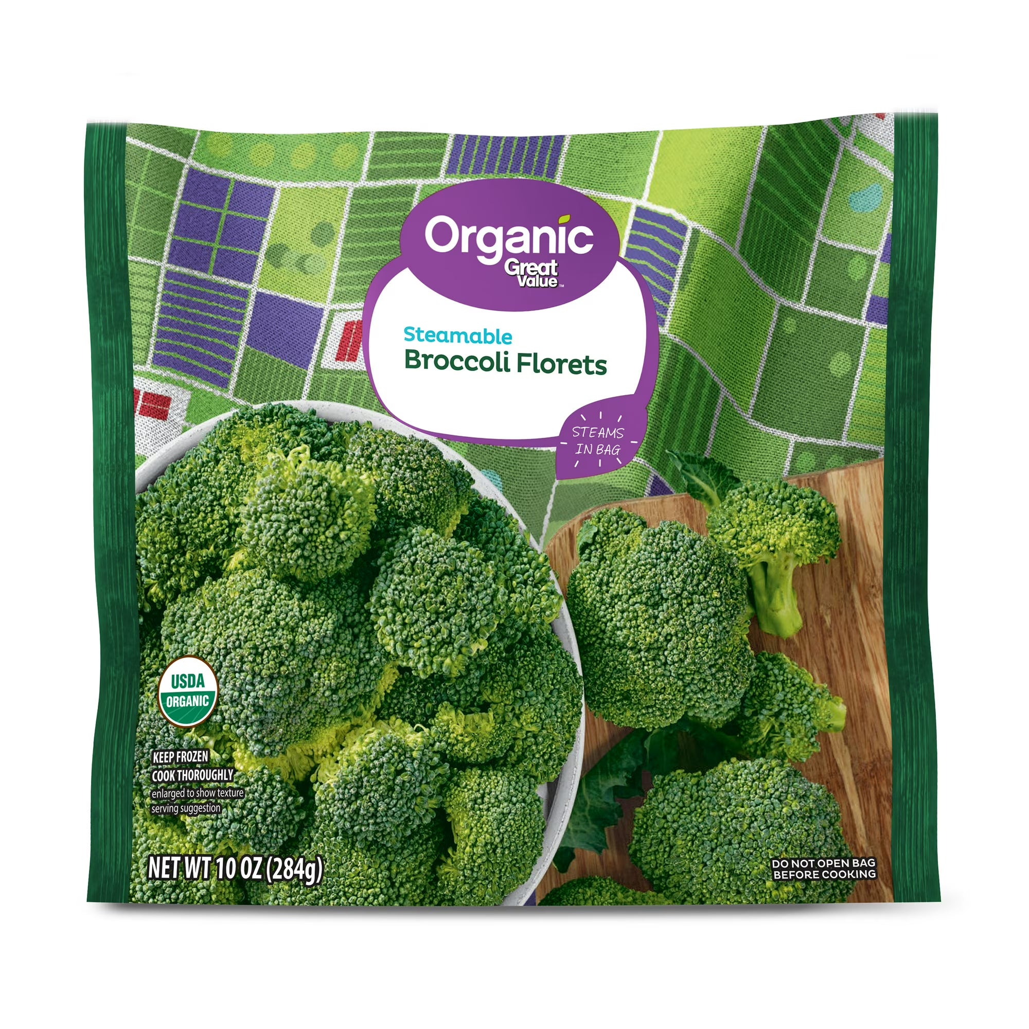 Great Value Organic Frozen Broccoli Florets in Steamable Bag, 10 oz