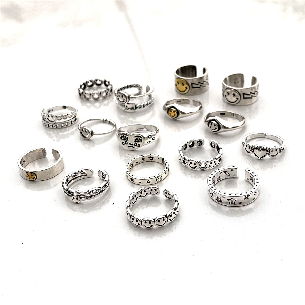 Hot Sell Multiple Happy Smiley Faces Open Rings For Women Cute Circle Hollow Smile Ring Party Girl Adjustable Punk Jewelry A908