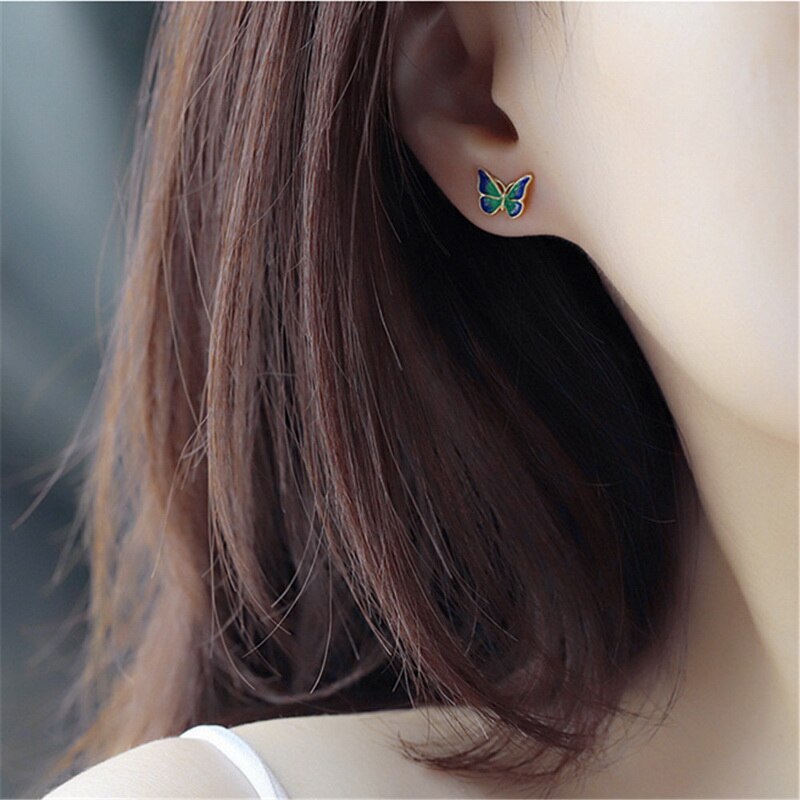 New Korean Elegant Cute Butterfly Stud Earrings For Women Girls Simple Lovely Vintage Rhinestone Butterfly Wings Star Ear Studs