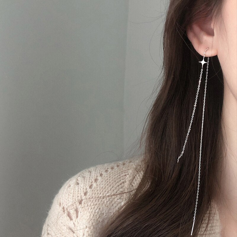 Simple Shine Star Cross Stud Earring Long Chain Tassel Earrings For Women Geometric Piercing Ear Jewelry Party Girl Gift