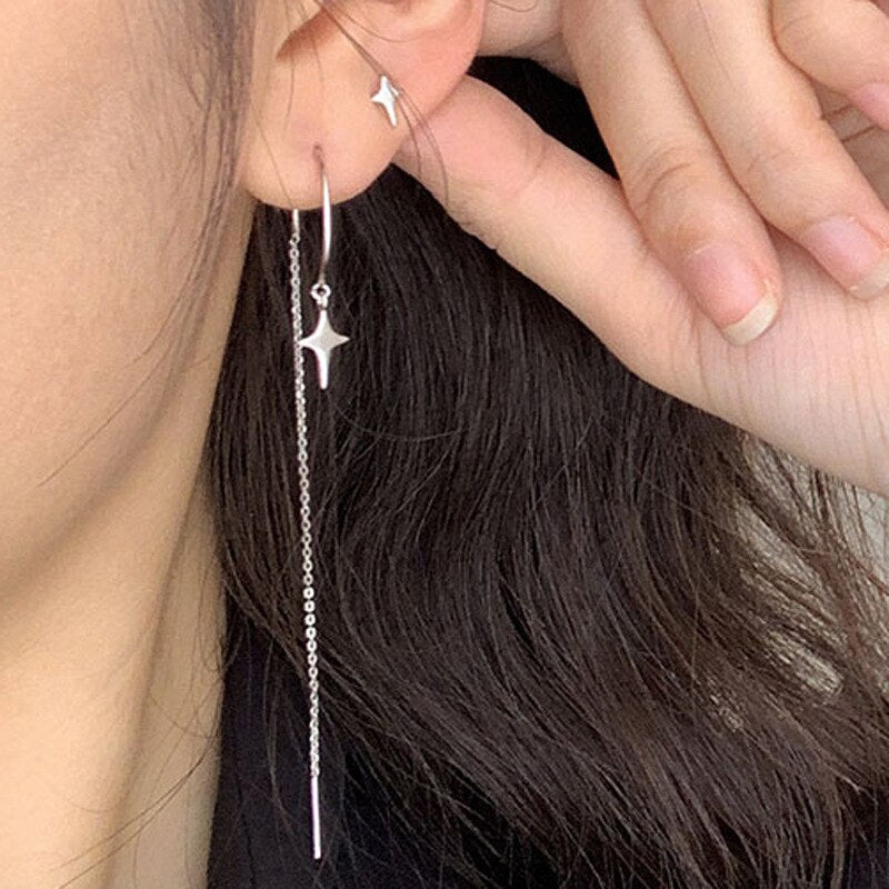 Simple Shine Star Cross Stud Earring Long Chain Tassel Earrings For Women Geometric Piercing Ear Jewelry Party Girl Gift