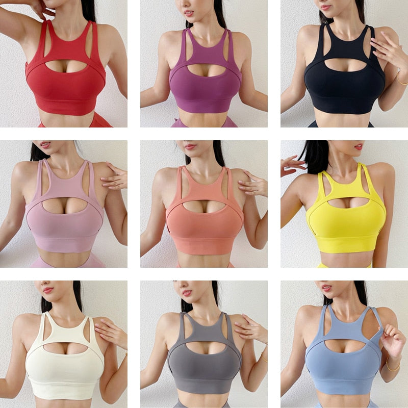 SOISOU New Sexy Women&#39;s Sports Bra Top Women Tight Elastic Gym Sport Yoga Bras Bralette Crop Top Chest Pad Removable 13 Colors