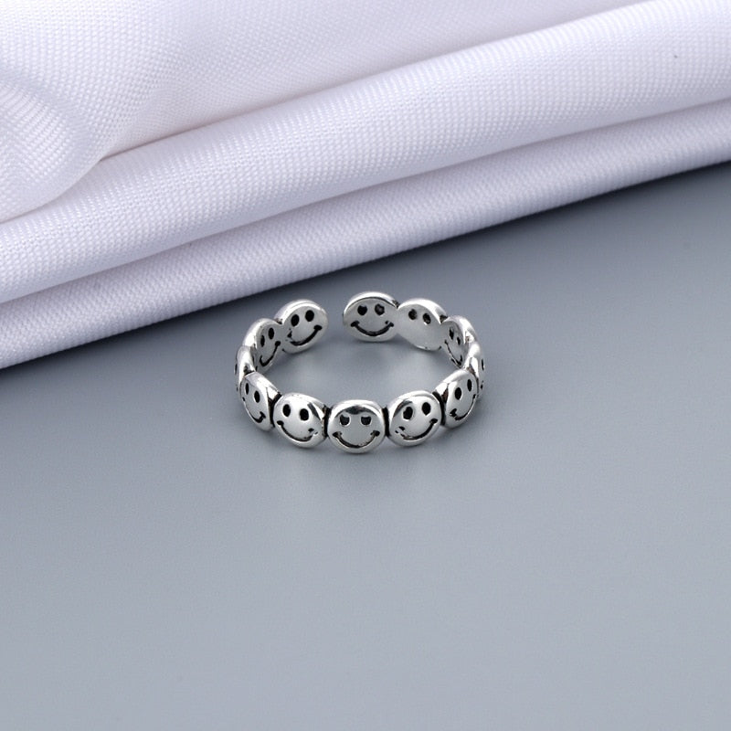 Hot Sell Multiple Happy Smiley Faces Open Rings For Women Cute Circle Hollow Smile Ring Party Girl Adjustable Punk Jewelry A908