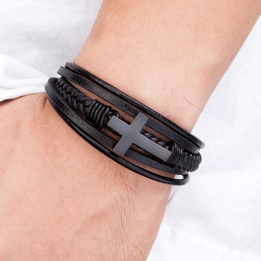 Men’s Classic Cross Leather Bracelet - Jeglowstore