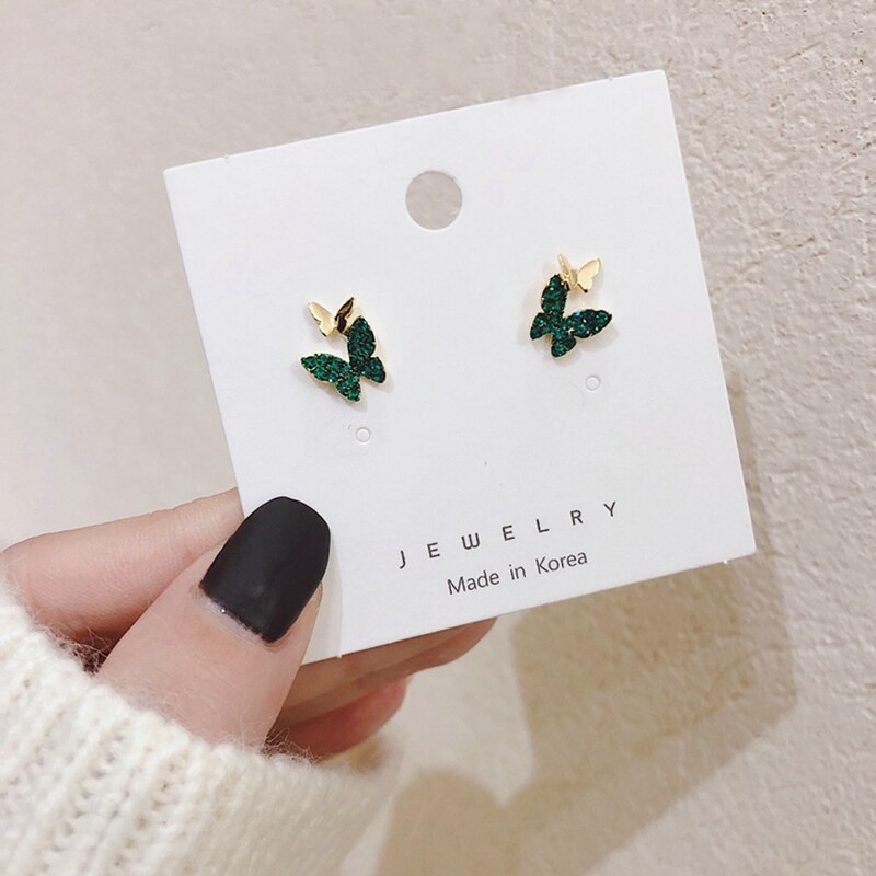 New Korean Elegant Cute Butterfly Stud Earrings For Women Girls Simple Lovely Vintage Rhinestone Butterfly Wings Star Ear Studs