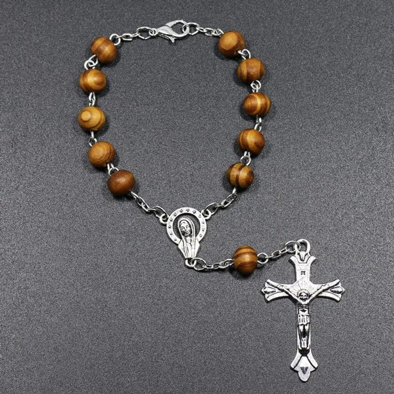 Vintage Christian Catholic Rosary Bracelet Wooden Beads Jesus Cross Pendant Bracelets For Women Men Religious Jewelry
