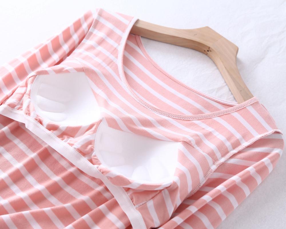 Fdfklak Casual Loose Pajamas for Women Long Sleeve Autumn Winter Pijamas Womens Sleepwear Bra pad Stripe Ladies Set Pyjama Femme