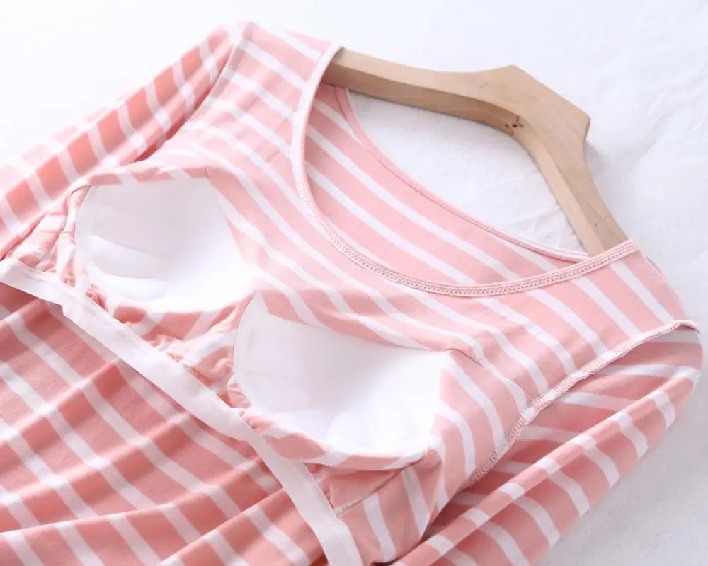 Fdfklak Casual Loose Pajamas for Women Long Sleeve Autumn Winter Pijamas Womens Sleepwear Bra pad Stripe Ladies Set Pyjama Femme