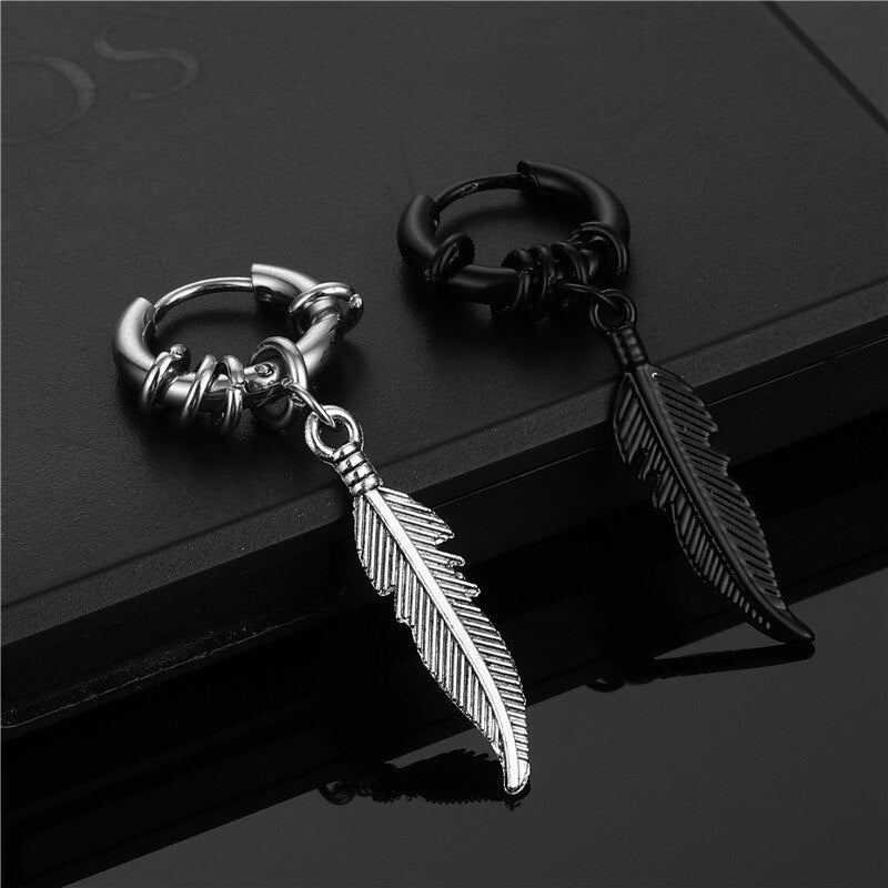 2 Pairs Fashion Cross Feather Stud Earrings Punk Rock Style For Women Men High Quality Stainless Steel Hiphop Ear Jewelry